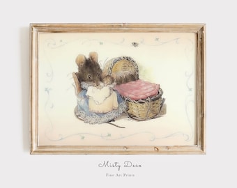 Sztuka ścienna do pokoju dziecięcego Beatrix Potter, ilustracja z myszką i dzieckiem w stylu vintage, plakat z książką dla dzieci, uroczy wydruk z myszką do pokoju dziecięcego.