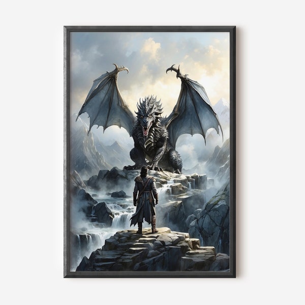 Game of Thrones Inspired Oil Painting, John Snow and Dragon in the Icy Mountains, GOT Printable Wall Art, Fantasy Dragon Print Art.