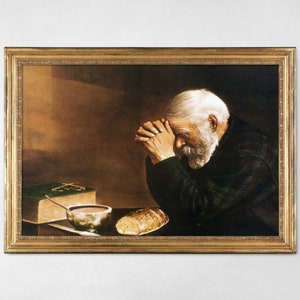 Grace By Eric Enstrom Fine Art Print, man die over brood bidt muurkunst, vintage christelijke print van een biddende man, beroemde christelijke muurkunst.