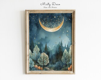 Magical Forest Watercolor Painting, Starry Night and Crescent Moon, Fairytale Night Sky Illustration, Dreamy Landscape Print art.