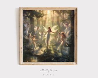 Forest Fairies Painting, Fairy Tale Wall Art, Fairycore print, Whimsical Fairy Illustration, Fairy Art, Fairies Dancing in the Forest.