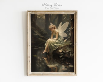Whimsical Forest Fairy Illustration, Tinker Bell Painting, Fairy Nursery Wall Art, Printable Fairytale Poster, Girls Room Print Art.