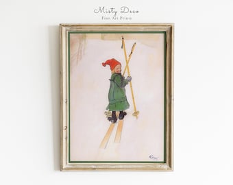 Little Christmas Girl Skiing Illustration by Famous Carl Larsson, Vintage Xmas Illustration, Christmas Wall Art, Carl Larsson Xmas Painting