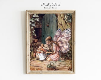 A Fairy&#39;s Kiss Illustration by Cicely Mary Barker, Vintage Fairy Tale Wall Art, Cute Nursery Fairy Print Art, Fairytale for Children&#39;s Art.
