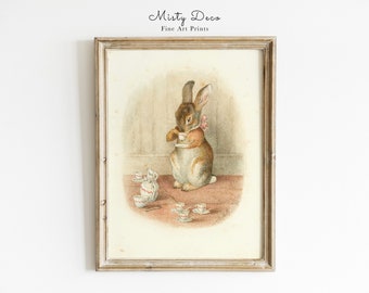 A Rabbit&#39;s Tea Party, Whimsical Fairy Tale Illustration by Beatrix Potter, Bunny Drinking Tea Print, Cute Magical Nursery Kids Room Art.