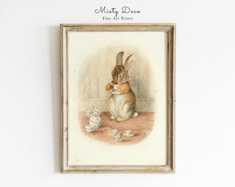 A Rabbit's Tea Party, Whimsical Fairy Tale Illustration by Beatrix Potter, Bunny Drinking Tea Print, Cute Magical Nursery Kids Room Art.