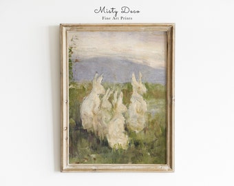 Spring Bunnies in a Meadow Vintage Painting, Rabbits in a Field Vintage Nursery Wall Art, Cute Rabbit Oil Painting for Kids Room.