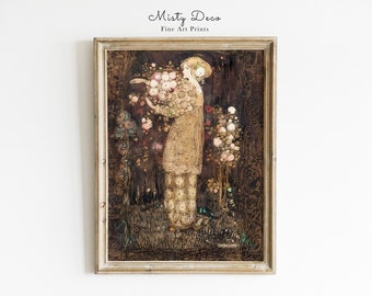 Vintage Fairytale Forest Woman with Flowers Illustration.