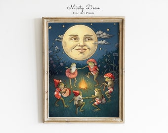Dancing Frogs Under Full Moon Vintage Illustration, Fairy Tale Nursery Printable Wall Art, Whimsical Fairytale Poster Art For Kids Room.