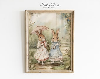 Cute Bunnies Nursery Wall Art, Beatrix Potter Rabbit Watercolor Illustration, Vintage Rabbit Pester Art for Children's Room.