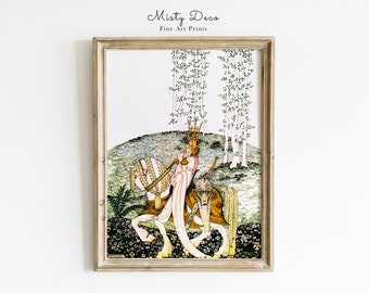 Illustration du prince à cheval par Kay Nielsen, art mural art déco conte de fées vintage, décoration murale imprimable pour chambre d'enfant, art mural livre de contes ancien.