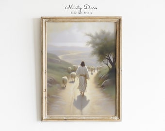 Jesus on the Path Fine Art Print, Jesus Walking the Road, The Lord is my Shepherd, Jesus Christ walking with Lambs, Christian Poster Art.