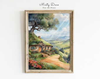 House in Fantasy Valley Landscape, Painting of Fantasy House in Flower Meadow Landscape, Digital High Fantasy Power Ring Wall Art.