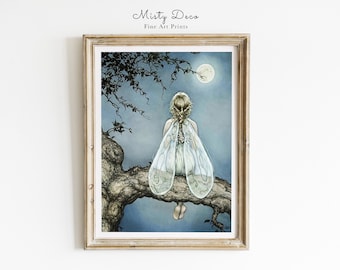 Cute Vintage Fairy Illustration, Forest Fairy for Nursery, Fairy Moon Print Art, Fairytale Kids Room Poster, Fairy Tale Girls Room Art.
