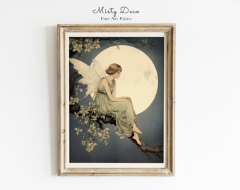 Vintage Fairy and Moon Illustration, Fairytale Moon Wall Art, Nursery Fairy Print Art, Girls Room Fairy Poster, Cute Fairy Printable Art.