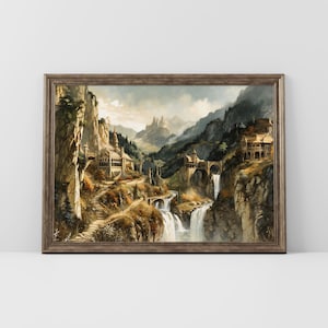 Elvish Rivenell Poster, Beautiful and Unique Fantasy River Town Landscape Painting, Digital Download Fantasy Wall Art.