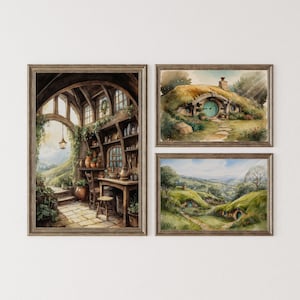 The Shire Paintings set of 3, Digital Download Hobbiton Fantasy Wall Art.