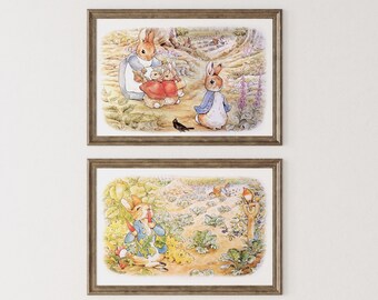 Beatrix Potter Peter Rabbit Printable Wall Art Set of 2, Vintage Bunnies Nursery Poster, Cute Rabbit Illustration for Children's Room.