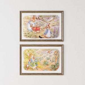 Beatrix Potter Peter Rabbit druckbare Wandkunst 2er-Set, Vintage Hasen-Kinderzimmer-Poster, niedliches Kaninchen-Illustration für Kinderzimmer.