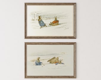 Vintage Rabbits Beatrix Potter Illustration Set of 2, Kids Storybook Wall Art, Kids Room Winter Landscape Wall Art, Cute Bunny Print Art.
