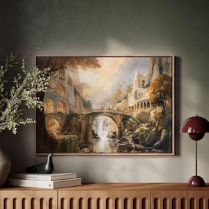 Elvish River Landscape Framed Canvas Oil Painting, Elven Power Ring Floating Framed Canvas Print, Fellowship River Poster.