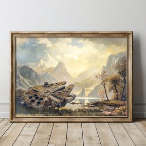 May include: A vintage-style painting of a landscape with a large, weathered spaceship crashed in a lake. The spaceship is surrounded by mountains and trees. The sky is a soft blue with white clouds.