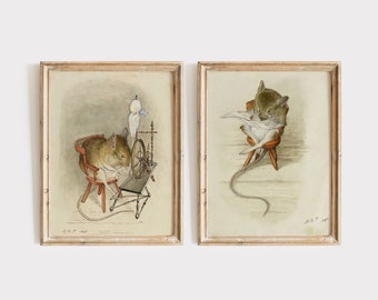 Digital Beatrix Potter Mouse Illustrations for Nursery, Vintage Gift Nursery Art Set of 2, Children's Book Mouse Printable Wall Art.