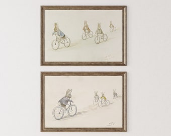 Beatrix Potter Biker Bunnies Vintage Illustration, Benjamin Bunny and Friends on Bicycles Nursery Print, Vintage children's book Rabbit Art.