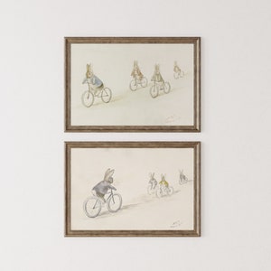Beatrix Potter Biker Bunnies Vintage Illustration, Benjamin Bunny and Friends on Bicycles Nursery Print, Vintage children&#39;s book Rabbit Art.
