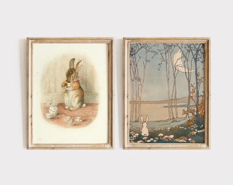 Rabbit Tea Party and Rabbit Under Moon Set of 2 Illustrations for Nursery, Beatrix Potter Wall Art, Cute Bunny Nursery Gift Art.