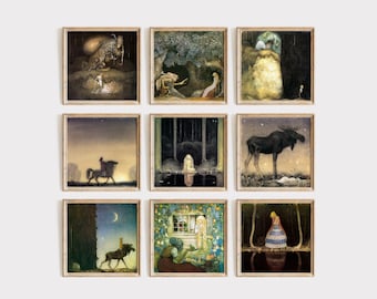 Fairy Tale Wall Art, John Bauer Art Collection of 9, Troll, Fairytale, Witch and Folklore Square Format Prints, Bauer Nursery Gallery Wall.