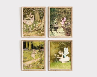 Fairy Illustration Collection Ida Rentoul Outhwaite, Fairy Dancing, Fairy And Frog, Fairy and Rabbits, Whimsical Fairies Kids Room Wall Art.