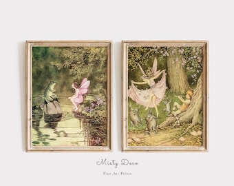 Whimsical Dancing Fairies and Rabbits and Fairy and Frog Illustrations by Ida Rentoul Outhwaite, Vintage Fairy Wall Art, perfect for Nursery
