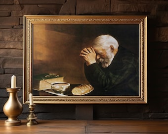 Man Praying Over Bread Wall Art By Eric Enstrom, Grace Old Man Praying Over Food Print Wall Decor, Man Table Prayer Art, Daily Bread.