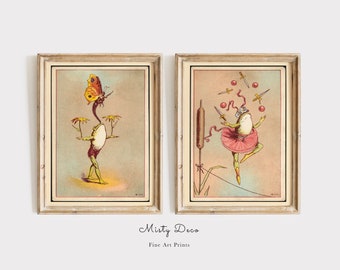 Frog Ballerina Vintage Illustrations set of 2, Circus Frog Poster, Dancing Frog Art, Funny Frog Wall Art, Fairytale Frog Illustration.