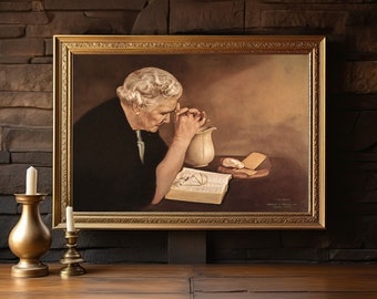 Gratitude by Eric Enstrom, Old Woman Praying Over Bread, Pray To Jesus Printable Wall Art, Elderly Woman Praying Over Food, Pray to God Art.