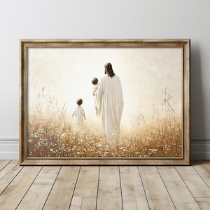 Come Follow Me Poster, Jesus Walking with Children in a Beautiful Floral Landscape Painting, Bible Print Art, Christian Fine Art Print.