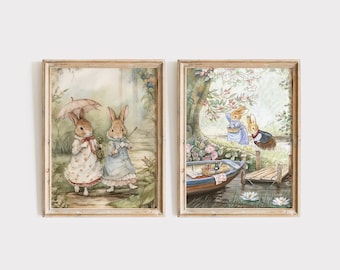 石橋の上のくまのプーさん、保育園用のヴィンテージ印刷可能な壁アート