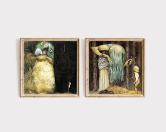 Art imprimé de John Bauer, Le garçon et la sorcière, art mural de conte de fées vintage, décoration murale vintage pour chambre d'enfant, art mural de pépinière.