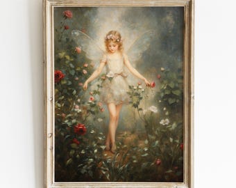 Victorian Rose Garden Fairy Oil Painting, Vintage Fairy Fine Art Print for Nursery.