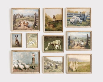 Vintage Nursery Farmhouse Animal Paintings, Vintage Nursery Gallery Wall, Rustic Country House  Children's Room Vintage Wall Decor.