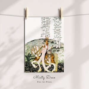 May include: A vintage illustration of a woman in a pink dress and crown riding a white horse through a forest. The horse is decorated with gold accents and the woman is holding a sword. The background is a green forest with white trees.