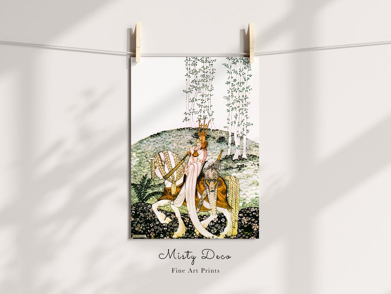 May include: A vintage illustration of a woman in a pink dress and crown riding a white horse through a forest. The horse is decorated with gold accents and the woman is holding a sword. The background is a green forest with white trees.