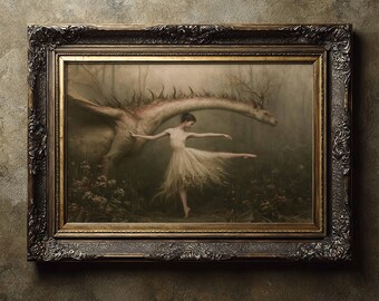 The ballerina and her Forest Dragon, Whimsical Dragon Art, Magical Forest Dragon Print, Fantasy Dragon Wall Decor.