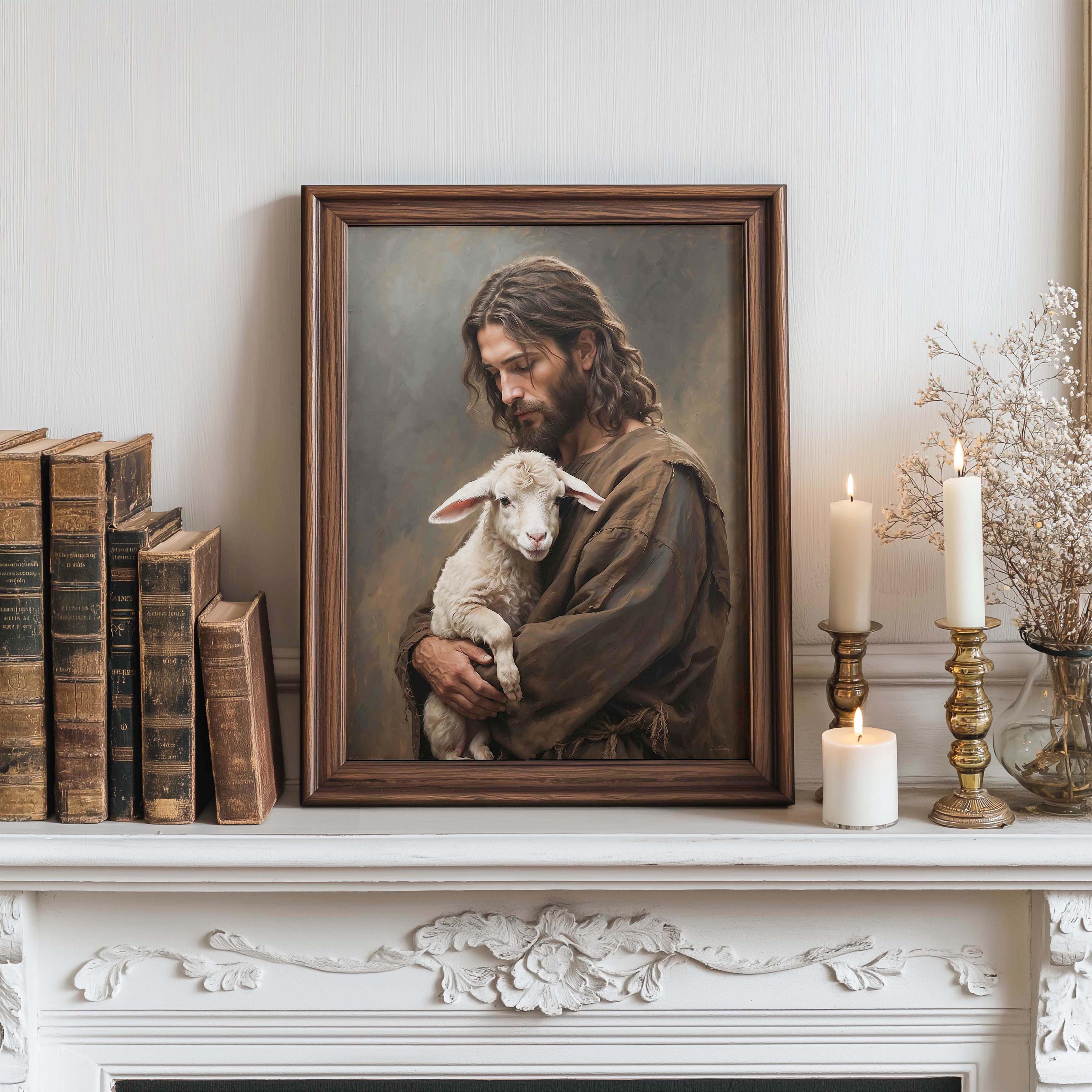 子羊を抱くイエスの絵画、キリストは子羊を救うデジタルダウンロード
