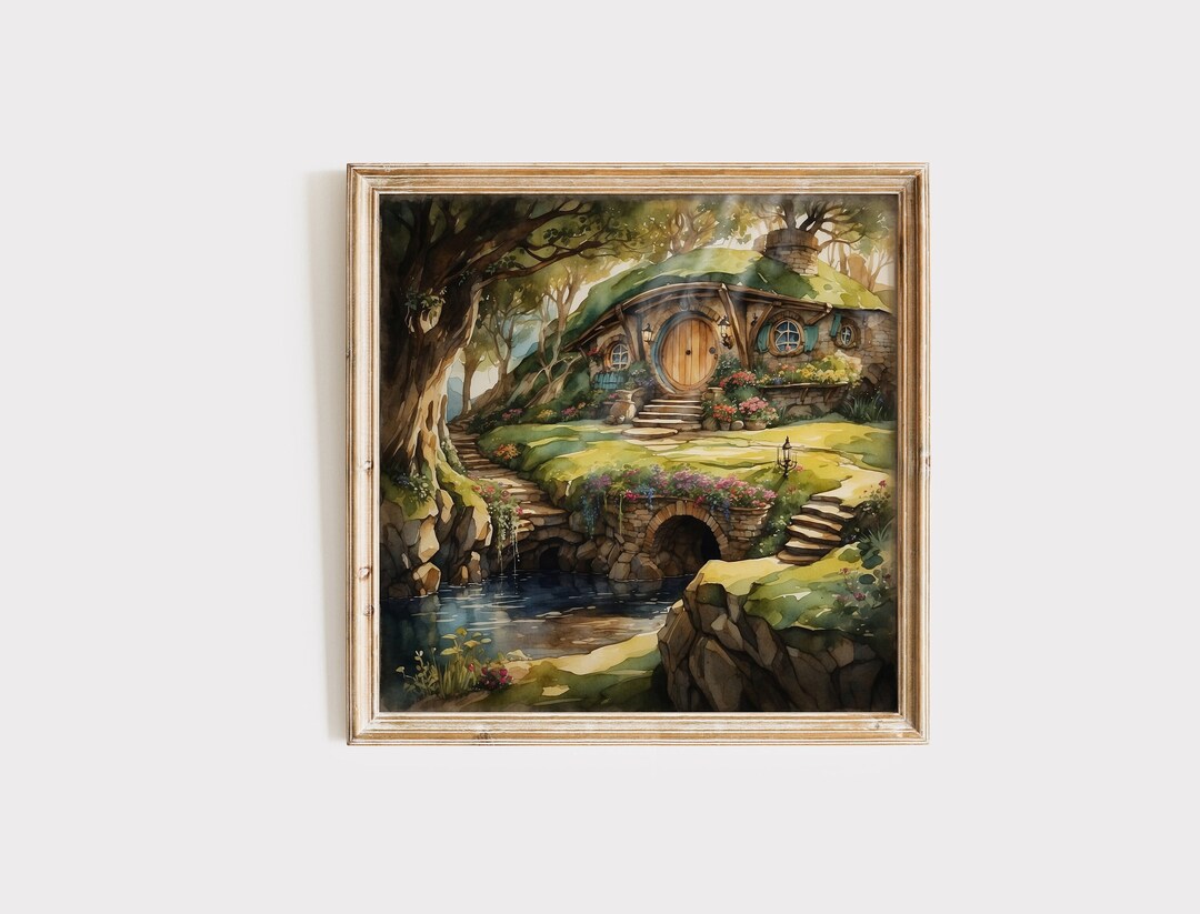 Bilbo Baggins House in the Shire Watercolor Painting, LOTR Fantasy Art ...