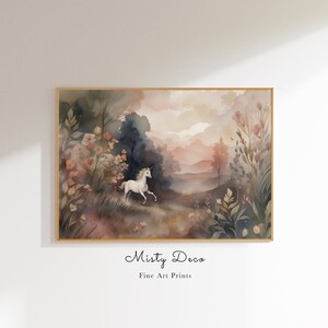Whimsical Watercolor Painting of a Unicorn running in a Magical Fairy Tale Meadow, Aesthetic Unicorn Art, Enchanting Unicorn Nursery Print.