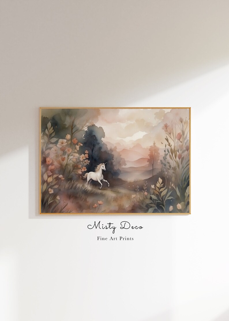 Whimsical Watercolor Painting of a Unicorn running in a Magical Fairy Tale Meadow, Aesthetic Unicorn Art, Enchanting Unicorn Nursery Print.