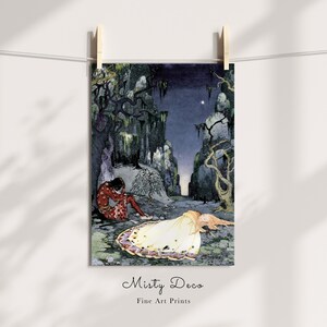 May include: A vintage illustration of a man and woman in a dark forest setting. The man is wearing a red and gold robe and is looking down at the woman, who is lying on the ground in a white dress. The background is a dark forest with tall trees and a starry night sky.