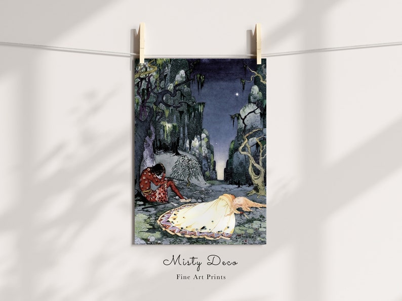 May include: A vintage illustration of a man and woman in a dark forest setting. The man is wearing a red and gold robe and is looking down at the woman, who is lying on the ground in a white dress. The background is a dark forest with tall trees and a starry night sky.